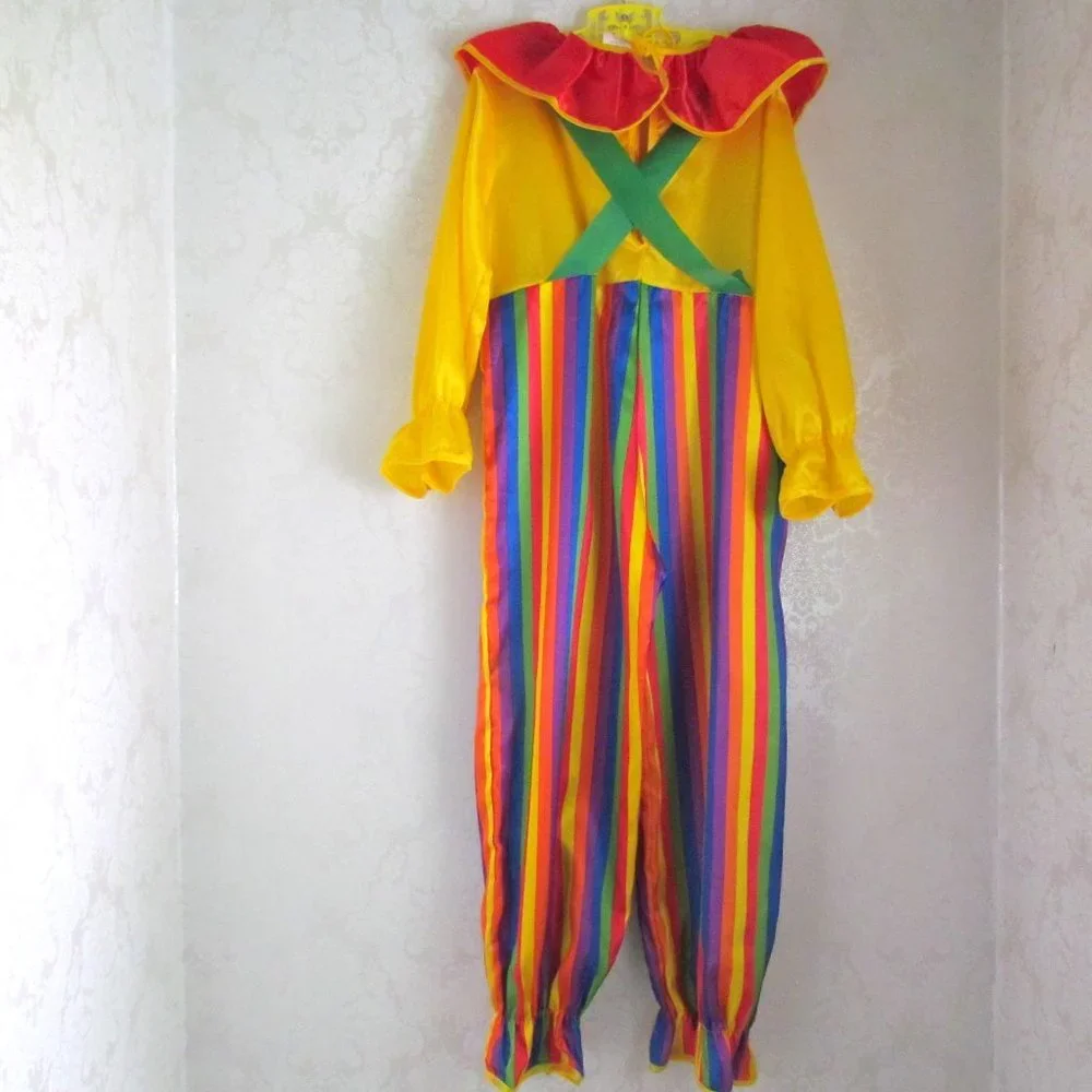 CLOWN COSTUME w WIG, KIDS M-L, RAINBOW CURLY WIG + NOSES, SCARF & SOCKS, FUN!
